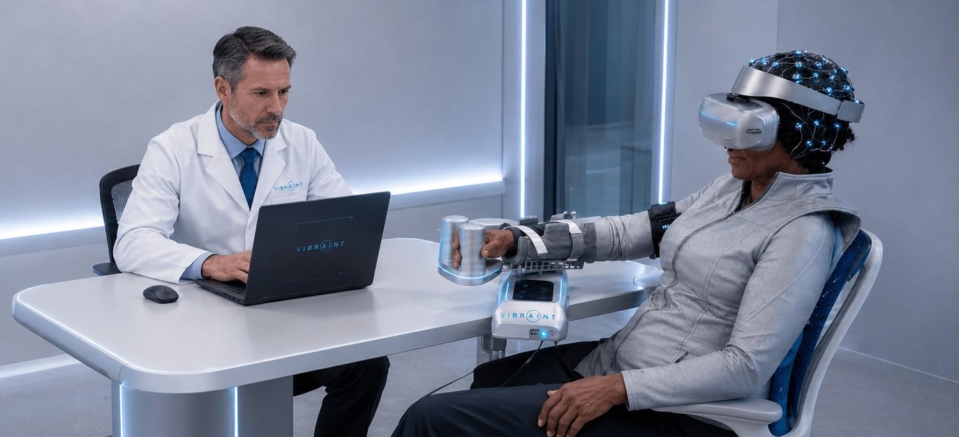 Conceptual render of a clinician at a laptop guiding a patient wearing a brain-signal headset and arm brace
