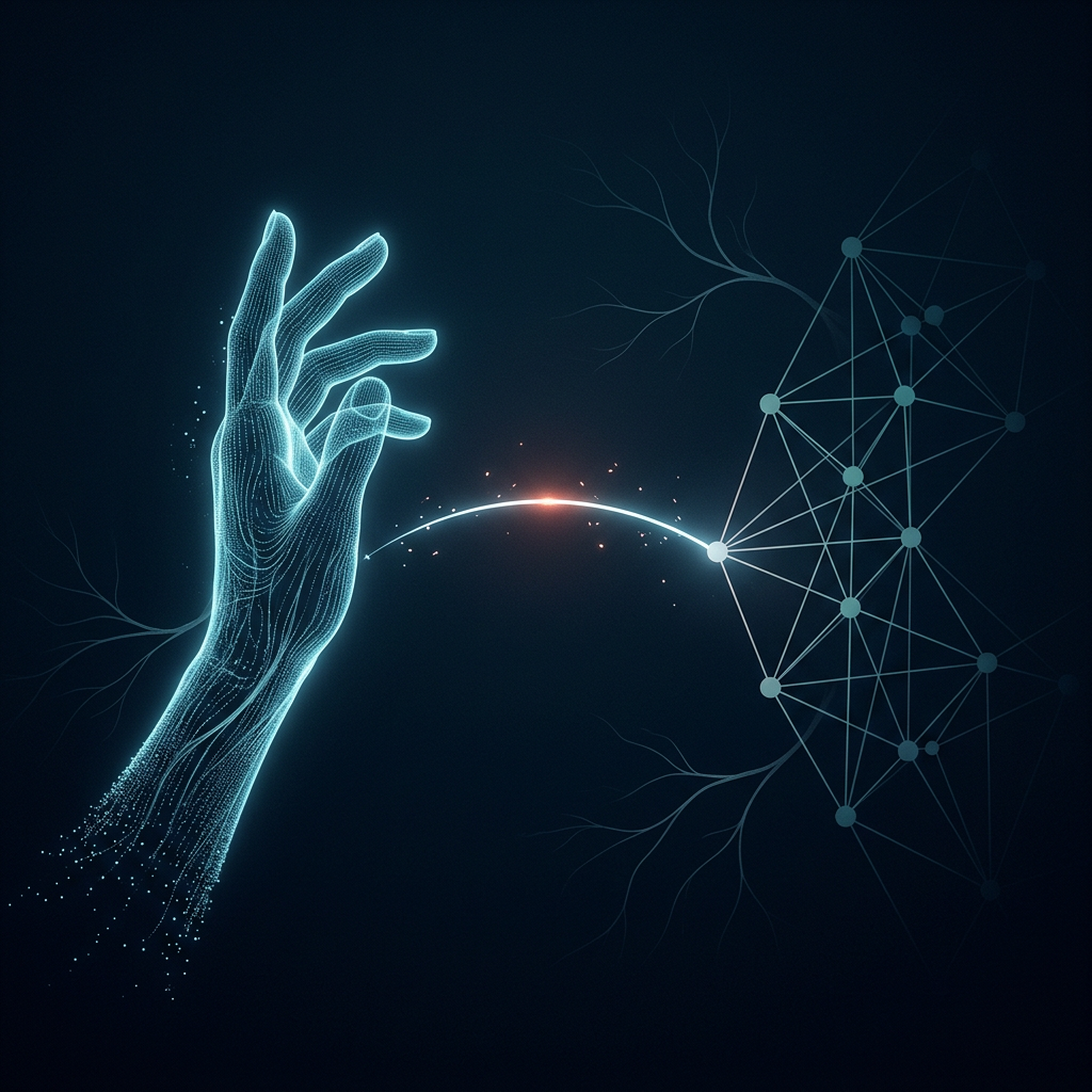 Conceptual illustration of a luminous signal bridging a human hand and an artificial neural network