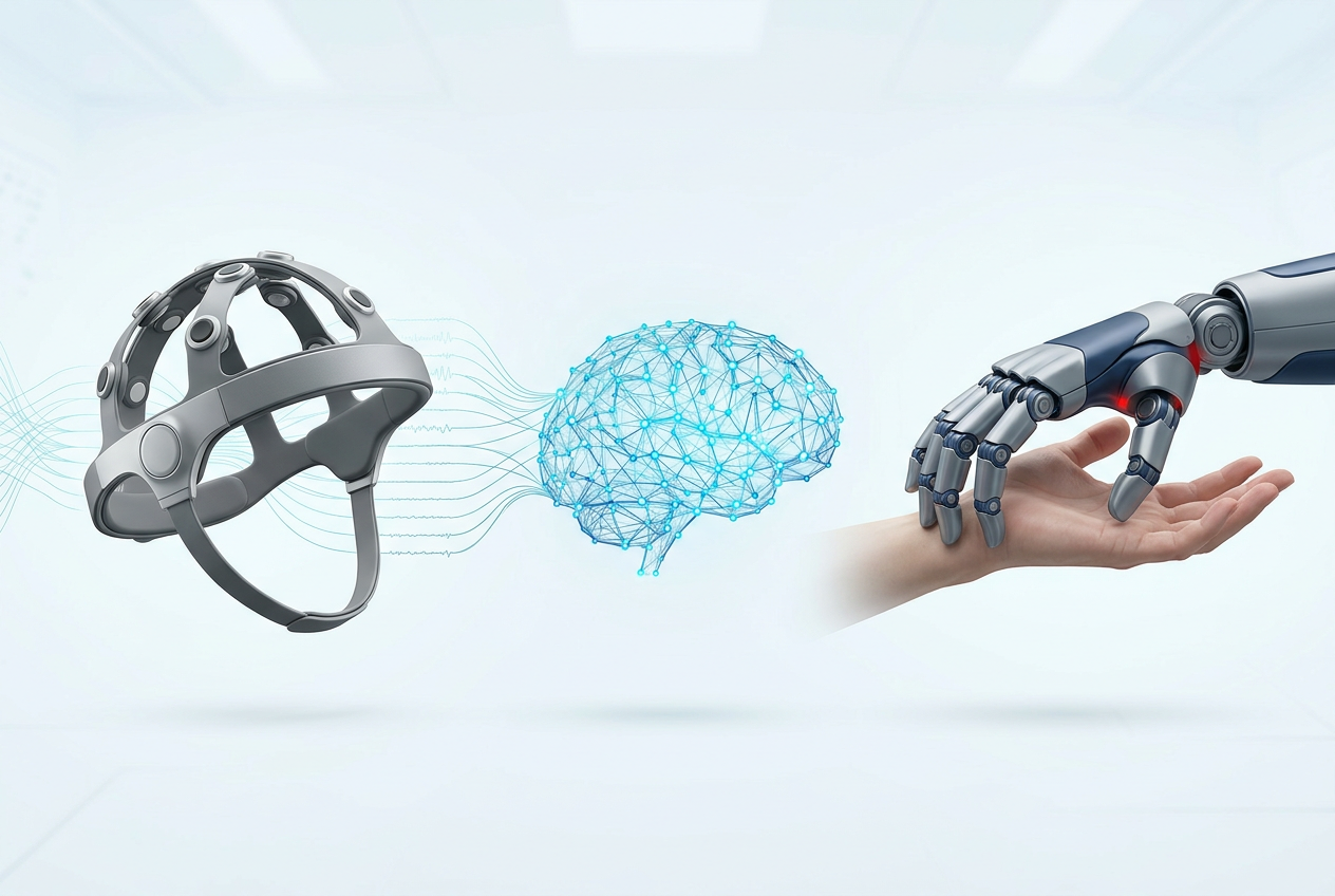 Conceptual illustration connecting a brain-signal headset, AI neural network and robotic-assisted hand movement